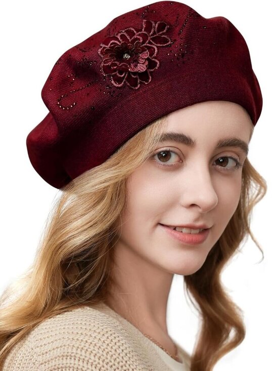 Women\'s French Style Flower Knitted Embroidery Beret Hats Wine Red 2 Flowers